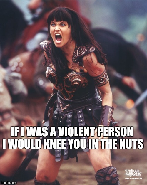 Xena is pissed | IF I WAS A VIOLENT PERSON I WOULD KNEE YOU IN THE NUTS | image tagged in xena is pissed | made w/ Imgflip meme maker
