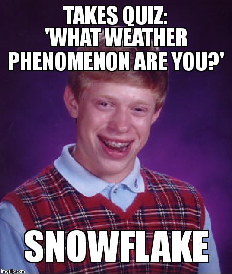 Bad Luck Brian | TAKES QUIZ:            'WHAT WEATHER PHENOMENON ARE YOU?'; SNOWFLAKE | image tagged in memes,bad luck brian | made w/ Imgflip meme maker