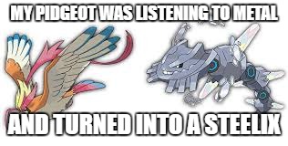 bird turned metal | MY PIDGEOT WAS LISTENING TO METAL; AND TURNED INTO A STEELIX | image tagged in bird turned metal | made w/ Imgflip meme maker
