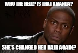 Kevin Hart | WHO THE HELL? IS THAT AMANDA? SHE'S CHANGED HER HAIR AGAIN? | image tagged in memes,kevin hart the hell | made w/ Imgflip meme maker