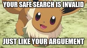 Eevee | YOUR SAFE SEARCH IS INVALID; JUST LIKE YOUR ARGUEMENT | image tagged in eevee | made w/ Imgflip meme maker