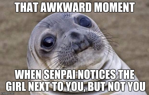 Awkward Moment Sealion Meme | THAT AWKWARD MOMENT WHEN SENPAI NOTICES THE GIRL NEXT TO YOU, BUT NOT YOU | image tagged in memes,awkward moment sealion | made w/ Imgflip meme maker