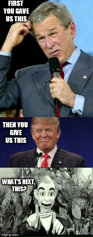 bush | FIRST YOU GAVE US THIS; THEN YOU GIVE US THIS; WHAT'S NEXT, THIS? | image tagged in trump | made w/ Imgflip meme maker