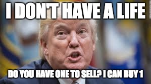 I DON'T HAVE A LIFE; DO YOU HAVE ONE TO SELL? I CAN BUY 1 | image tagged in donald trump | made w/ Imgflip meme maker