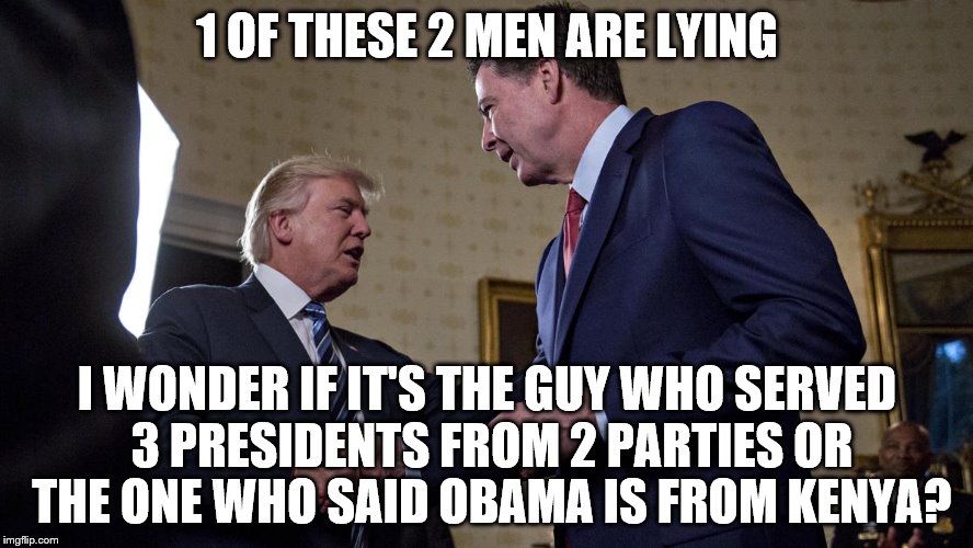 1 OF THESE 2 MEN ARE LYING; I WONDER IF IT'S THE GUY WHO SERVED 3 PRESIDENTS FROM 2 PARTIES OR THE ONE WHO SAID OBAMA IS FROM KENYA? | image tagged in comey trump | made w/ Imgflip meme maker