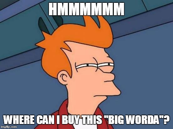 Futurama Fry Meme | HMMMMMM WHERE CAN I BUY THIS "BIG WORDA"? | image tagged in memes,futurama fry | made w/ Imgflip meme maker