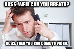 Boss sucks | BOSS: WELL CAN YOU BREATH? BOSS: THEN YOU CAN COME TO WORK. | image tagged in boss,funny | made w/ Imgflip meme maker