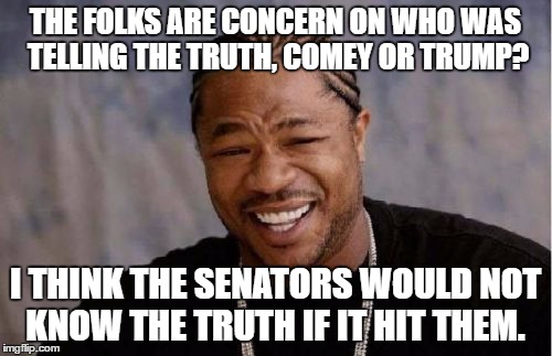 Yo Dawg Heard You Meme | THE FOLKS ARE CONCERN ON WHO WAS TELLING THE TRUTH, COMEY OR TRUMP? I THINK THE SENATORS WOULD NOT KNOW THE TRUTH IF IT HIT THEM. | image tagged in memes,yo dawg heard you | made w/ Imgflip meme maker