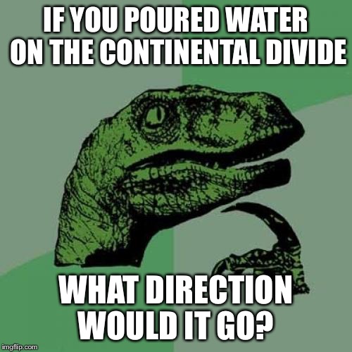 Philosoraptor Meme | IF YOU POURED WATER ON THE CONTINENTAL DIVIDE; WHAT DIRECTION WOULD IT GO? | image tagged in memes,philosoraptor | made w/ Imgflip meme maker