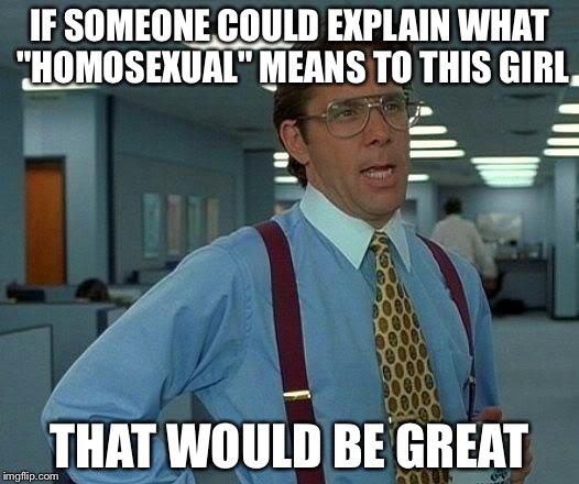 That Would Be Great Meme | IF SOMEONE COULD EXPLAIN WHAT "HOMOSEXUAL" MEANS TO THIS GIRL THAT WOULD BE GREAT | image tagged in memes,that would be great | made w/ Imgflip meme maker