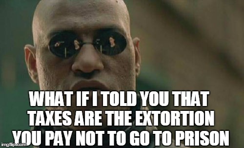 Matrix Morpheus Meme | WHAT IF I TOLD YOU THAT TAXES ARE THE EXTORTION YOU PAY NOT TO GO TO PRISON | image tagged in memes,matrix morpheus | made w/ Imgflip meme maker