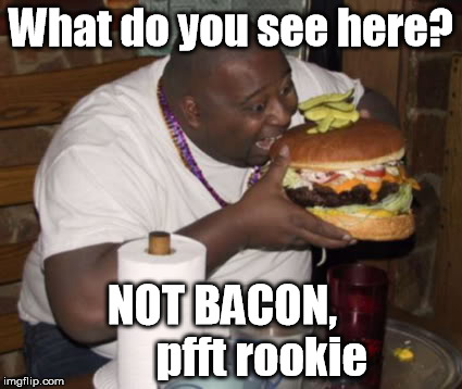 Fat guy eating burger | What do you see here? NOT BACON,
        pfft rookie | image tagged in fat guy eating burger | made w/ Imgflip meme maker