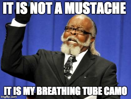Too Damn High Meme | IT IS NOT A MUSTACHE; IT IS MY BREATHING TUBE CAMO | image tagged in memes,too damn high | made w/ Imgflip meme maker