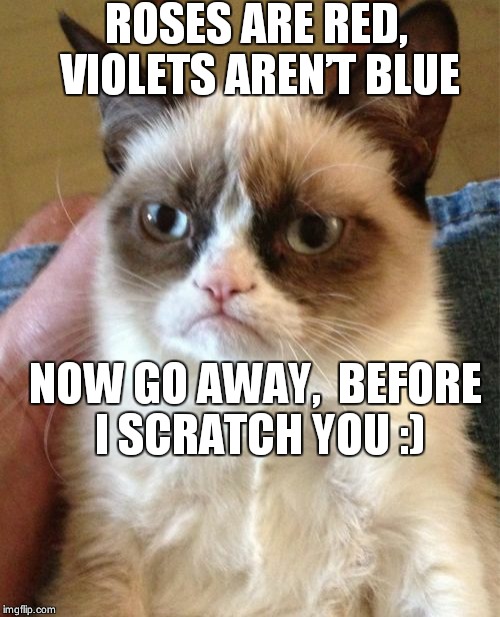Grumpy Cat | ROSES ARE RED, VIOLETS AREN’T BLUE; NOW GO AWAY, 
BEFORE I SCRATCH YOU :) | image tagged in memes,grumpy cat | made w/ Imgflip meme maker