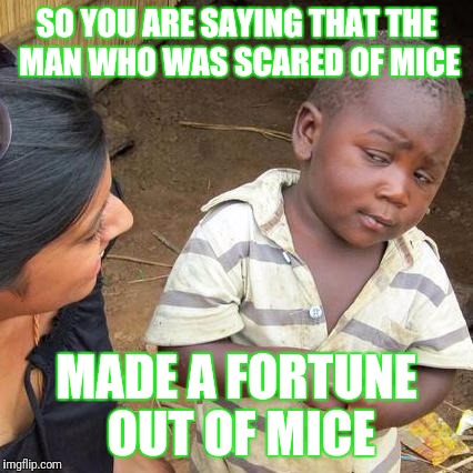 Monnie mouse | SO YOU ARE SAYING THAT THE MAN WHO WAS SCARED OF MICE; MADE A FORTUNE OUT OF MICE | image tagged in memes,third world skeptical kid,mickey mouse,mickey,minnie,disney | made w/ Imgflip meme maker