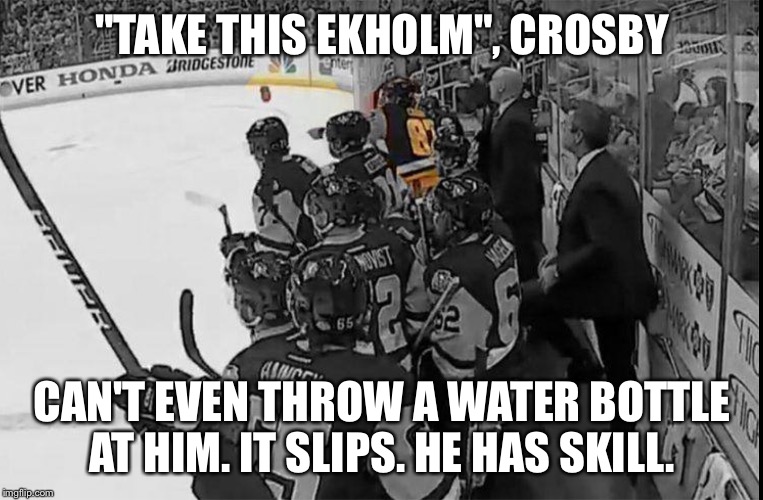 Crybaby Crosby Throwing his baby Bottle during a tantrum in his baby pen.  | "TAKE THIS EKHOLM", CROSBY; CAN'T EVEN THROW A WATER BOTTLE AT HIM. IT SLIPS. HE HAS SKILL. | image tagged in sidney crosby,predators,stanley cup,crybaby,hockey,nashville | made w/ Imgflip meme maker