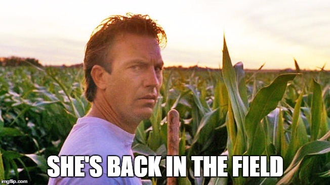  SHE'S BACK IN THE FIELD | image tagged in theresa may,uk election,election 2017,field of dreams,kevin costner,fields of wheat | made w/ Imgflip meme maker