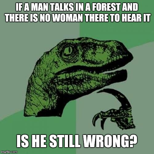 Philosoraptor Meme | IF A MAN TALKS IN A FOREST AND THERE IS NO WOMAN THERE TO HEAR IT; IS HE STILL WRONG? | image tagged in memes,philosoraptor | made w/ Imgflip meme maker