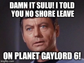 DAMN IT SULU! I TOLD YOU NO SHORE LEAVE ON PLANET GAYLORD 6! | made w/ Imgflip meme maker