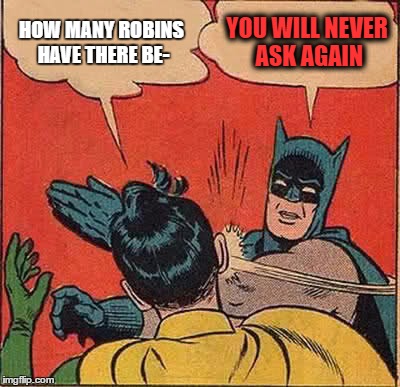 Batman Slapping Robin | HOW MANY ROBINS HAVE THERE BE-; YOU WILL NEVER ASK AGAIN | image tagged in memes,batman slapping robin | made w/ Imgflip meme maker