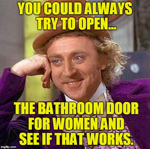 Creepy Condescending Wonka Meme | YOU COULD ALWAYS TRY TO OPEN... THE BATHROOM DOOR FOR WOMEN AND SEE IF THAT WORKS. | image tagged in memes,creepy condescending wonka | made w/ Imgflip meme maker