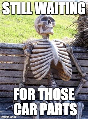Waiting Skeleton | STILL WAITING; FOR THOSE CAR PARTS | image tagged in memes,waiting skeleton | made w/ Imgflip meme maker