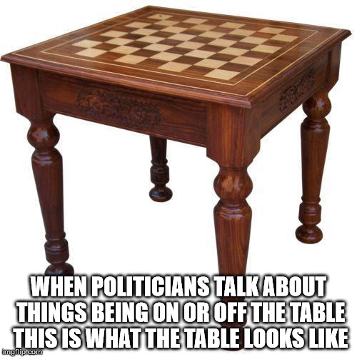 Government Politicians On the table | WHEN POLITICIANS TALK ABOUT THINGS BEING ON OR OFF THE TABLE THIS IS WHAT THE TABLE LOOKS LIKE | image tagged in on the table,politicians,government | made w/ Imgflip meme maker