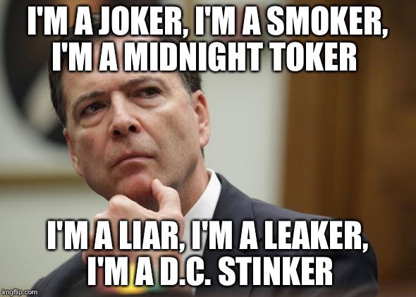 I'M A JOKER, I'M A SMOKER, I'M A MIDNIGHT TOKER; I'M A LIAR, I'M A LEAKER, I'M A D.C. STINKER | image tagged in first world skeptical james comey | made w/ Imgflip meme maker