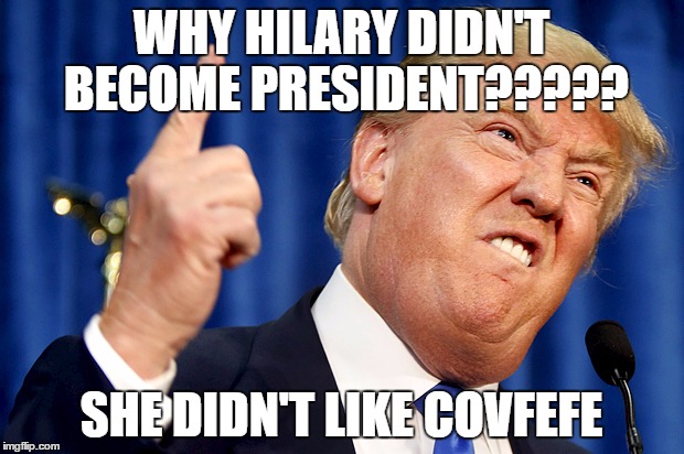 Donald Trump | WHY HILARY DIDN'T BECOME PRESIDENT????? SHE DIDN'T LIKE COVFEFE | image tagged in donald trump,memes,covfefe,lol | made w/ Imgflip meme maker