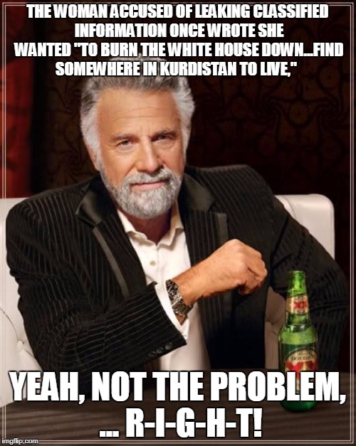 The Most Interesting Man In The World Meme | THE WOMAN ACCUSED OF LEAKING CLASSIFIED INFORMATION ONCE WROTE SHE WANTED "TO BURN THE WHITE HOUSE DOWN...FIND SOMEWHERE IN KURDISTAN TO LIV | image tagged in memes,the most interesting man in the world | made w/ Imgflip meme maker