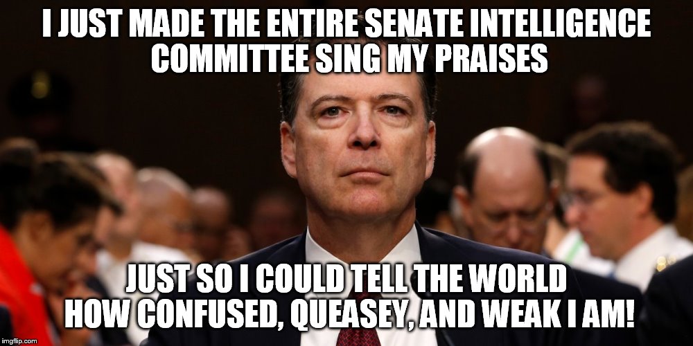 Comey Queasy | I JUST MADE THE ENTIRE SENATE INTELLIGENCE COMMITTEE SING MY PRAISES; JUST SO I COULD TELL THE WORLD HOW CONFUSED, QUEASEY, AND WEAK I AM! | image tagged in fbi director james comey,senate,russia,trump,memes,fbi investigation | made w/ Imgflip meme maker