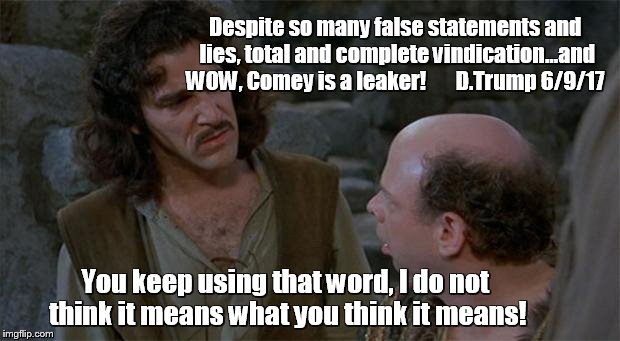 Princess Bride | Despite so many false statements and lies, total and complete vindication...and WOW, Comey is a leaker!      
D.Trump 6/9/17; You keep using that word, I do not think it means what you think it means! | image tagged in princess bride | made w/ Imgflip meme maker