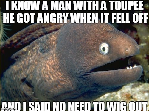Bad Joke Eel | I KNOW A MAN WITH A TOUPEE HE GOT ANGRY WHEN IT FELL OFF; AND I SAID NO NEED TO WIG OUT | image tagged in memes,bad joke eel | made w/ Imgflip meme maker