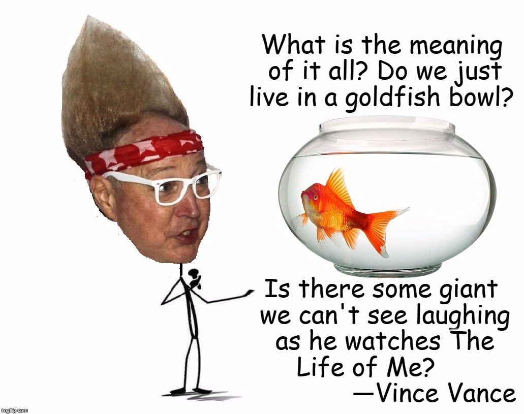 What is the Meaning of it All? | ​What is the meaning of it all?
Do we just live in a goldfish bowl? Is there some giant we can't see
laughing as he watches The Life of Me?​
                  —Vince Vance | image tagged in vince vance,the meaning of life,goldfish,tall-haired dude,goldfish bowl,giant looking at me | made w/ Imgflip meme maker