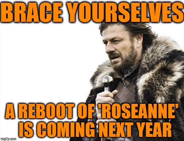 Even John Goodman is returning as Dan Connors!  No joke | BRACE YOURSELVES; A REBOOT OF 'ROSEANNE'  IS COMING NEXT YEAR | image tagged in memes,brace yourselves x is coming | made w/ Imgflip meme maker