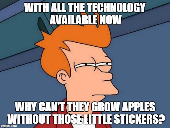 They need better-tasting ink | WITH ALL THE TECHNOLOGY AVAILABLE NOW; WHY CAN'T THEY GROW APPLES WITHOUT THOSE LITTLE STICKERS? | image tagged in futurama fry,apples,stickers | made w/ Imgflip meme maker