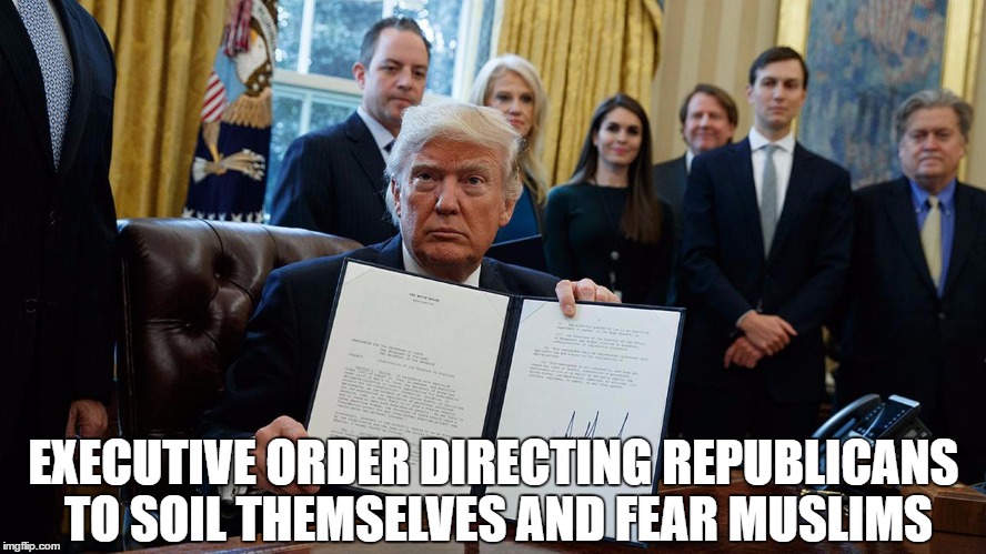 EXECUTIVE ORDER DIRECTING REPUBLICANS TO SOIL THEMSELVES AND FEAR MUSLIMS | image tagged in dumbo | made w/ Imgflip meme maker