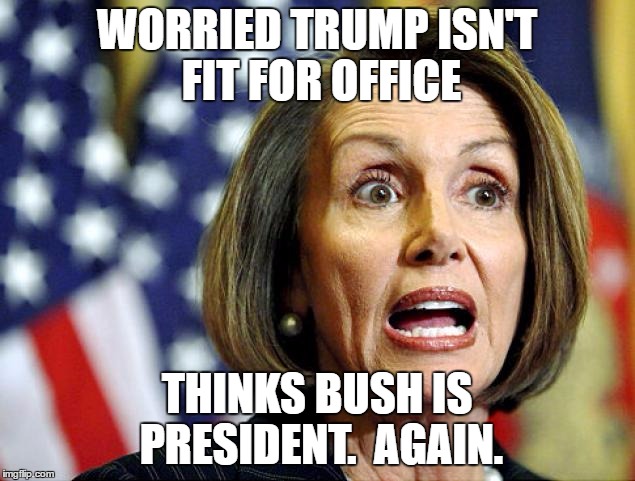 Pelosi | WORRIED TRUMP ISN'T FIT FOR OFFICE; THINKS BUSH IS PRESIDENT.  AGAIN. | image tagged in pelosi | made w/ Imgflip meme maker
