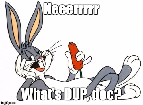 The adventure of bugs bunny |  Neeerrrrr; What's DUP, doc? | image tagged in the adventure of bugs bunny | made w/ Imgflip meme maker