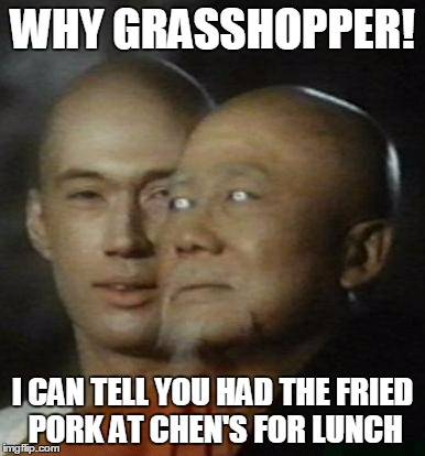 WHY GRASSHOPPER! I CAN TELL YOU HAD THE FRIED PORK AT CHEN'S FOR LUNCH | made w/ Imgflip meme maker