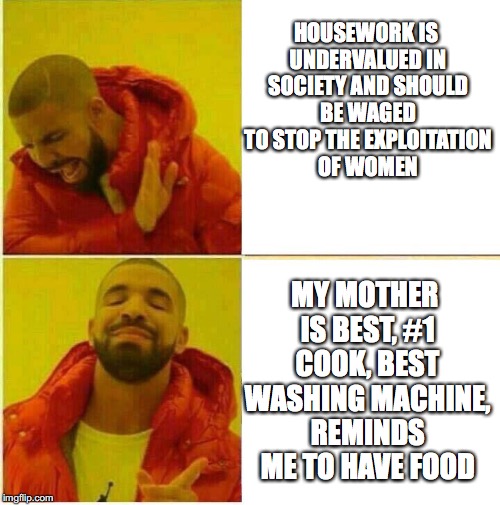 Drake Hotline approves | HOUSEWORK IS UNDERVALUED IN SOCIETY AND SHOULD BE WAGED TO STOP THE EXPLOITATION OF WOMEN; MY MOTHER IS BEST, #1 COOK, BEST WASHING MACHINE, REMINDS ME TO HAVE FOOD | image tagged in drake hotline approves | made w/ Imgflip meme maker