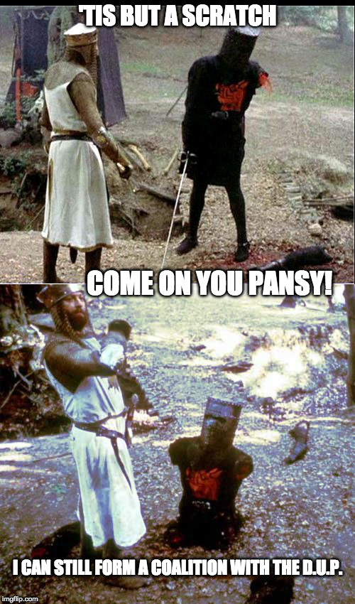 'TIS BUT A SCRATCH; COME ON YOU PANSY! I CAN STILL FORM A COALITION WITH THE D.U.P. | image tagged in flesh wound | made w/ Imgflip meme maker