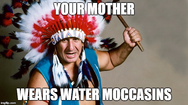 YOUR MOTHER; WEARS WATER MOCCASINS | image tagged in chief jay strongbow | made w/ Imgflip meme maker