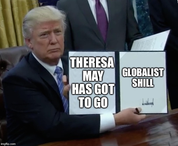 Trump Bill Signing | THERESA MAY HAS GOT TO GO; GLOBALIST SHILL | image tagged in trump bill signing | made w/ Imgflip meme maker