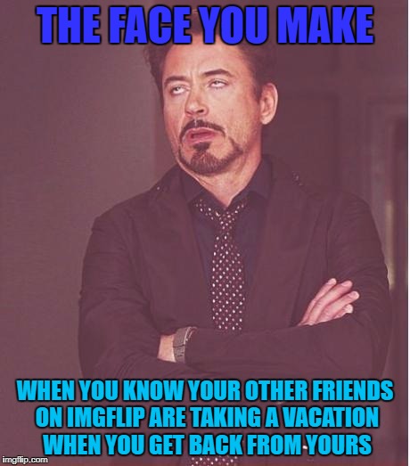 Face You Make Robert Downey Jr Meme | THE FACE YOU MAKE; WHEN YOU KNOW YOUR OTHER FRIENDS ON IMGFLIP ARE TAKING A VACATION WHEN YOU GET BACK FROM YOURS | image tagged in memes,face you make robert downey jr,vacation | made w/ Imgflip meme maker