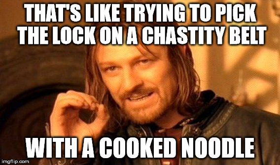 One Does Not Simply Meme | THAT'S LIKE TRYING TO PICK THE LOCK ON A CHASTITY BELT WITH A COOKED NOODLE | image tagged in memes,one does not simply | made w/ Imgflip meme maker