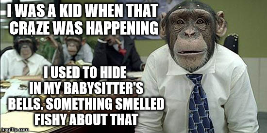 I WAS A KID WHEN THAT CRAZE WAS HAPPENING I USED TO HIDE IN MY BABYSITTER'S BELLS. SOMETHING SMELLED FISHY ABOUT THAT | made w/ Imgflip meme maker