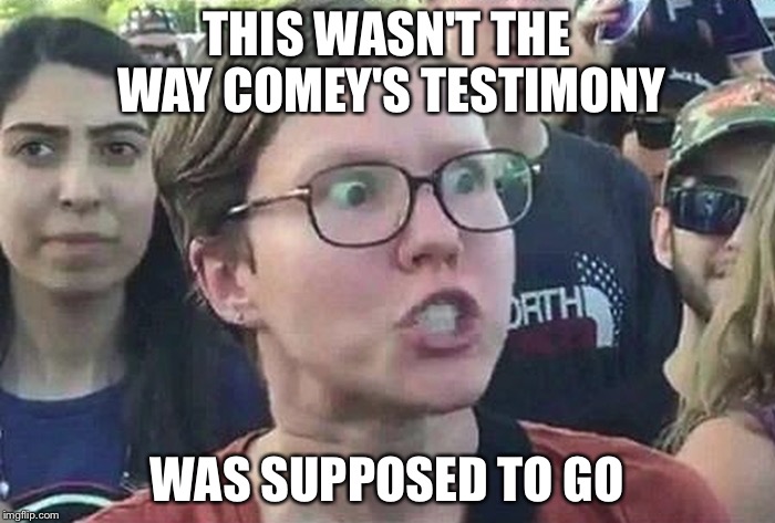 Liberals be like over the Comey testimony | THIS WASN'T THE WAY COMEY'S TESTIMONY; WAS SUPPOSED TO GO | image tagged in triggered liberal,memes | made w/ Imgflip meme maker