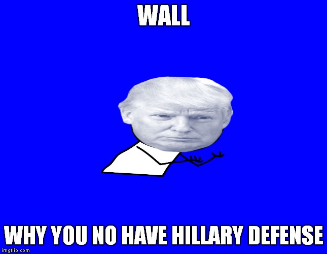 Trump y u no | WALL WHY YOU NO HAVE HILLARY DEFENSE | image tagged in trump y u no | made w/ Imgflip meme maker