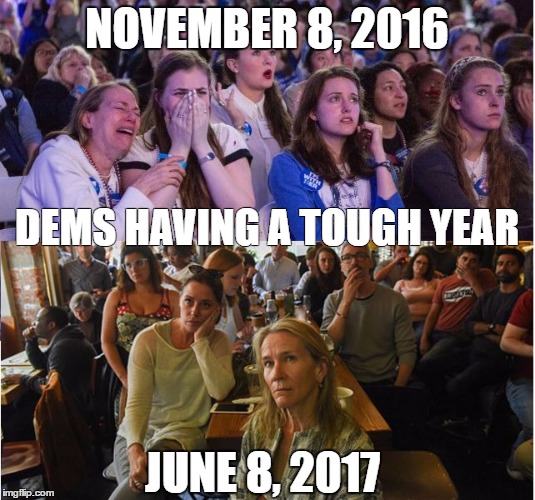 NOVEMBER 8, 2016; DEMS HAVING A TOUGH YEAR; JUNE 8, 2017 | image tagged in sad dems | made w/ Imgflip meme maker